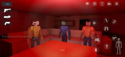 Three NPC characters standing in a red-lit room in GoreBox 27, weapon selection on the left and the skeleton body status icon on the right Three NPC characters standing in a red-lit room in GoreBox 27, weapon selection on the left and the skeleton body status icon on the right