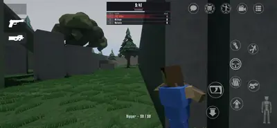 A Deathmatch round in GoreBox 27 with the scoreboard showing players GDev, William and Melanie, a character taking cover by a wall with the Ripper weapon A Deathmatch round in GoreBox 27 with the scoreboard showing players GDev, William and Melanie, a character taking cover by a wall with the Ripper weapon