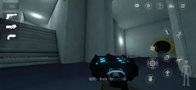 Holding the Reality Crusher tool indoors in GoreBox 27, a crate loaded, in a teal-lit tiled hall with stairs Holding the Reality Crusher tool indoors in GoreBox 27, a crate loaded, in a teal-lit tiled hall with stairs