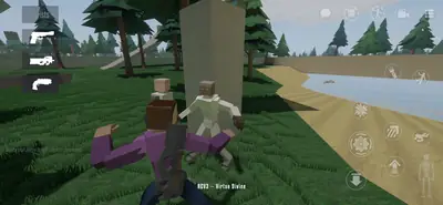 Third-person view in GoreBox 27 by a lake, the player character facing two NPCs near a concrete pillar with the Virtue Divine on their back Third-person view in GoreBox 27 by a lake, the player character facing two NPCs near a concrete pillar with the Virtue Divine on their back