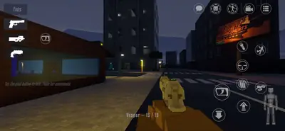 First-person view on a city street at night in GoreBox 27, holding the gold Vesper pistol with 15 rounds, buildings and a lit billboard around First-person view on a city street at night in GoreBox 27, holding the gold Vesper pistol with 15 rounds, buildings and a lit billboard around